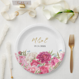 Assiettes En Carton Élégant Mariage rose Peony Florals