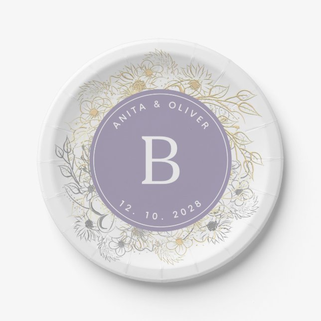 Assiettes En Carton Élégant Mariage violet Monogramme (Devant)