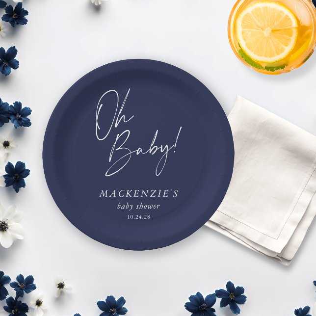Assiettes En Carton Elegant Marine bleu Oh Baby Baby shower (Elegant Navy Blue Oh Baby Baby Shower Paper Plates)