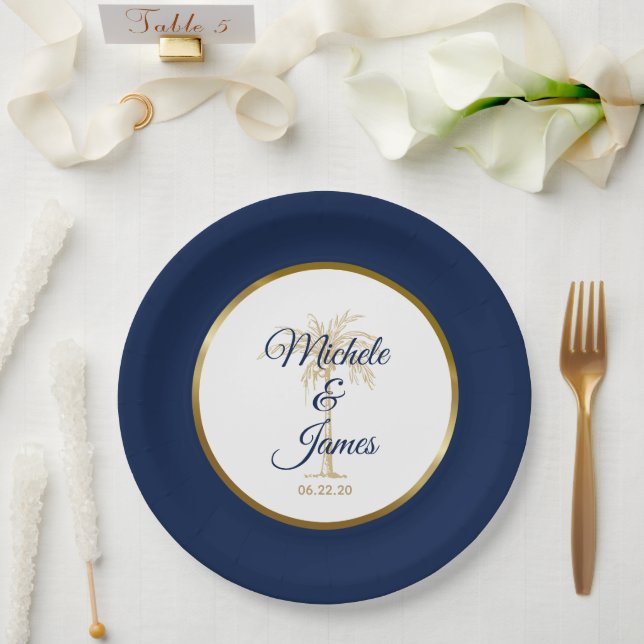 Assiettes En Carton Elégant Marine Blue Gold Palm Tree Mariage moderne (Mariage)