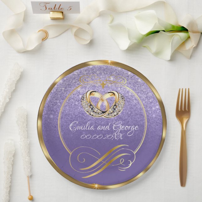 Assiettes En Carton Elégant Mist or violet Mariage personnalisé (Mariage)