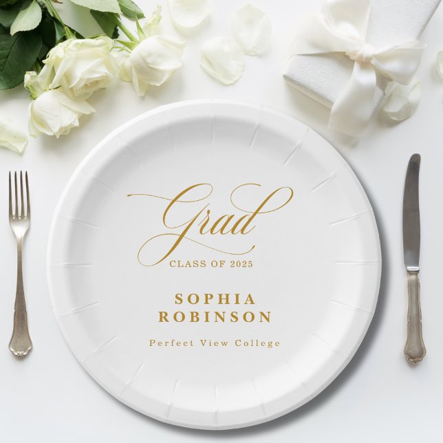 Assiettes En Carton Élégant moderne Gold Script Graduation Party (Créateur téléchargé)