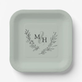 Assiettes En Carton Élégant Monogram Laurel Mariage de la couronne