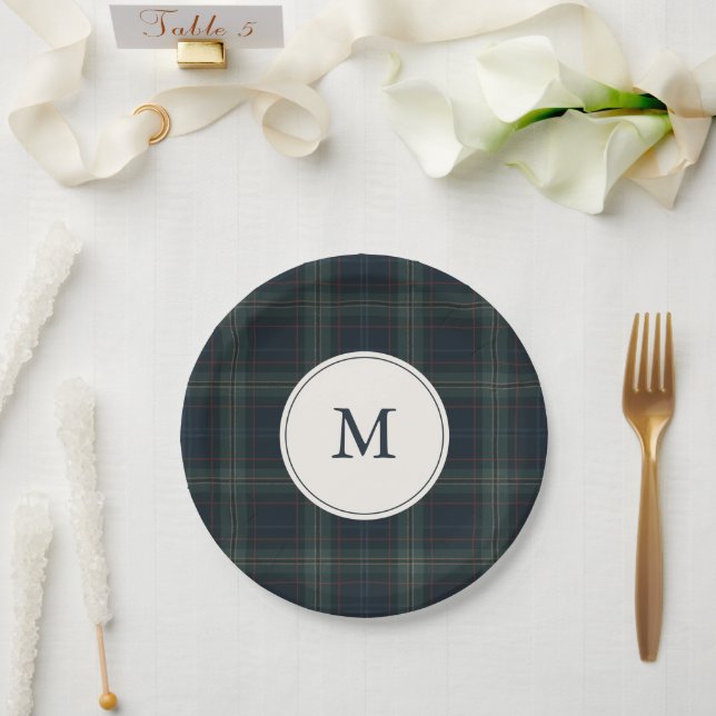 Assiettes En Carton Élégant Monogramme bleu marine et vert (Mariage)