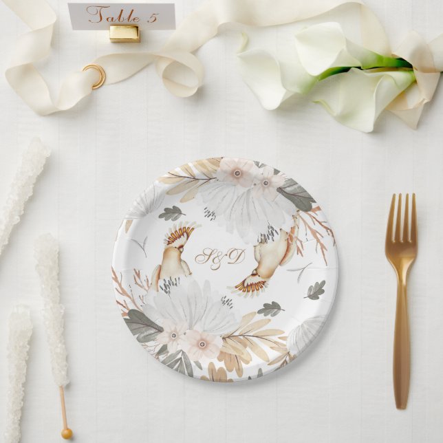 Assiettes En Carton Élégant Monogramme Boho Aquarelle fleurs & oiseaux (Mariage)