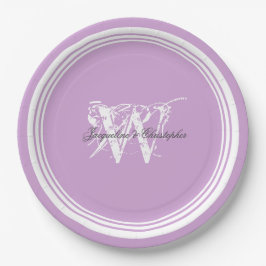Assiettes En Carton Élégant Monogramme Chic Mauve Et Mariage Blanc