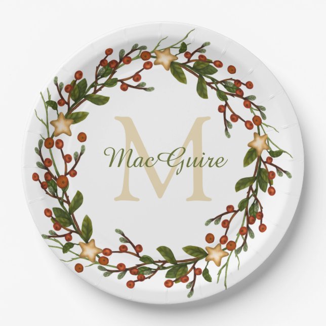 Assiettes En Carton Élégant monogramme de couronne de Noël initial (Devant)