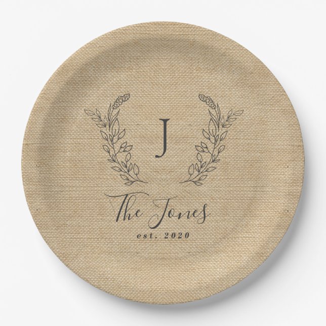 Assiettes En Carton Élégant monogramme de famille moderne rustique (Devant)