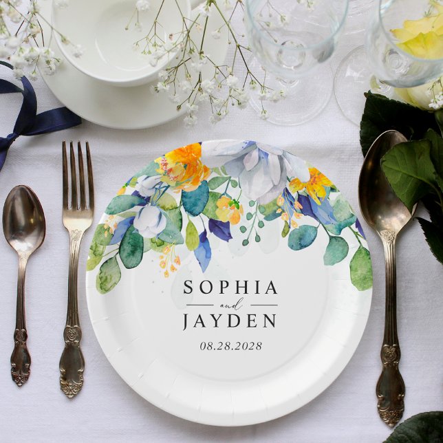 Assiettes En Carton Élégant monogramme de mariage floral jaune blanc (Créateur téléchargé)