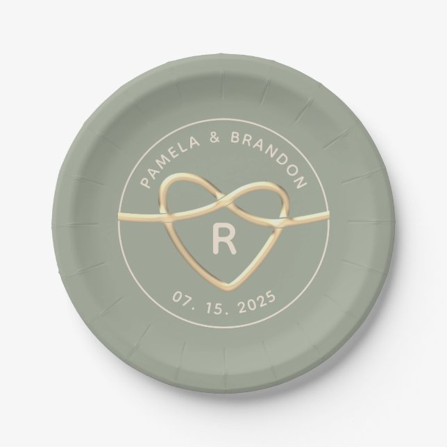 Assiettes En Carton Élégant Monogramme de Mariage Vert Sauge (Devant)