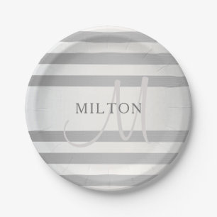 Assiettes En Carton Élégant Monogramme Faux Gris Argent Gris Gris