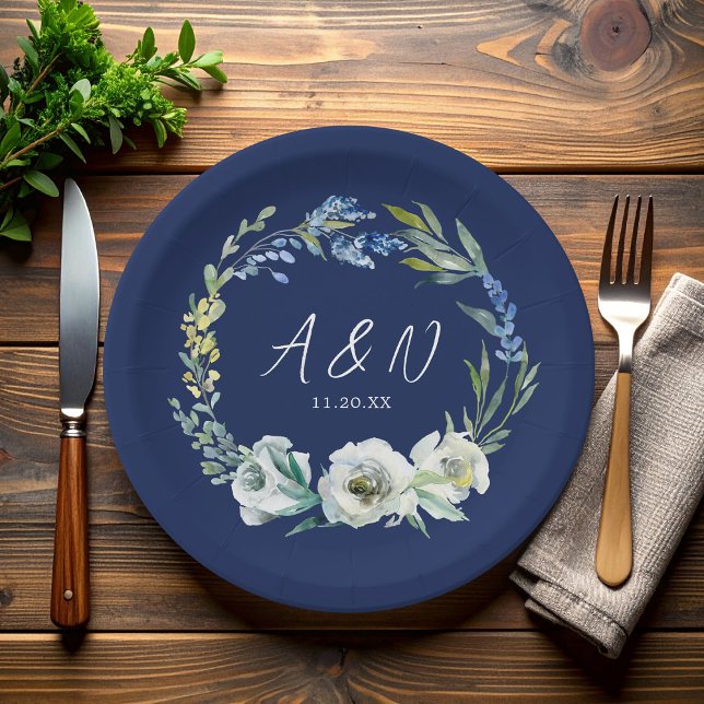 Assiettes En Carton Élégant Monogramme floral bleu marine Mariage d'hi (Créateur téléchargé)