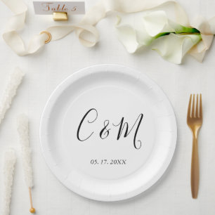 Assiettes En Carton Élégant Monogramme Mariage noir et blanc