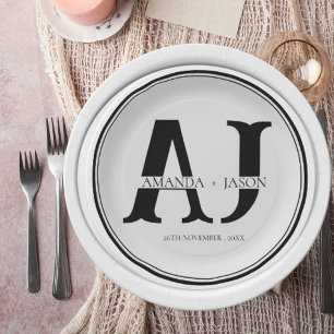 Assiettes En Carton Élégant Monogramme Mariée Groom Noms Mariage