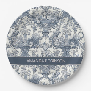 Assiettes En Carton Élégant monogramme vintage Blue toile de jouy