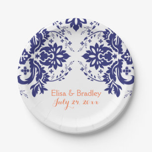 Assiettes En Carton Elégant motif damassé bleu marine, corail mariage