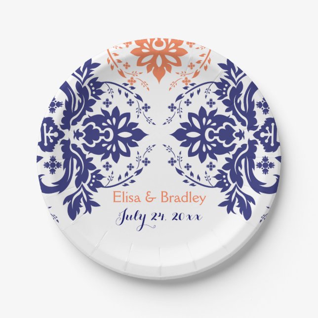 Assiettes En Carton Elégant motif damassé bleu marine, corail mariage (Devant)