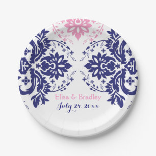 Assiettes En Carton Elégant motif damassé bleu marine, mariage rose