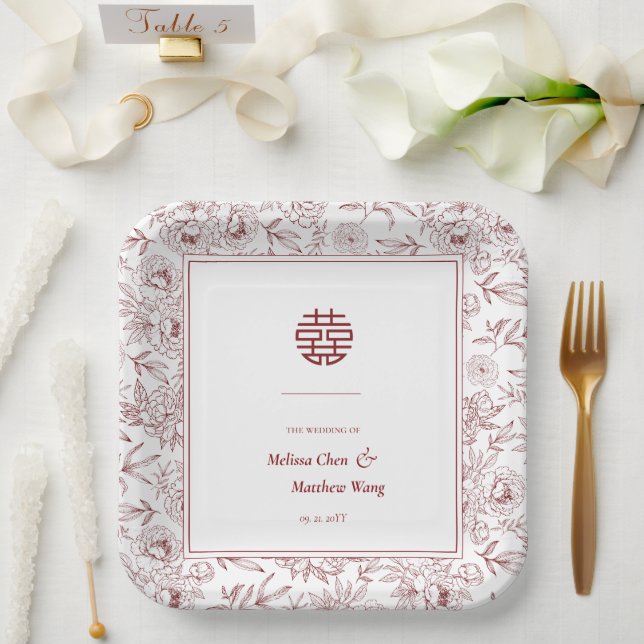 Assiettes En Carton Élégant motif floral double Xi Mariage chinois (Mariage)
