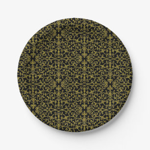 Assiettes En Carton Élégant Motif noir et Gold Filigree