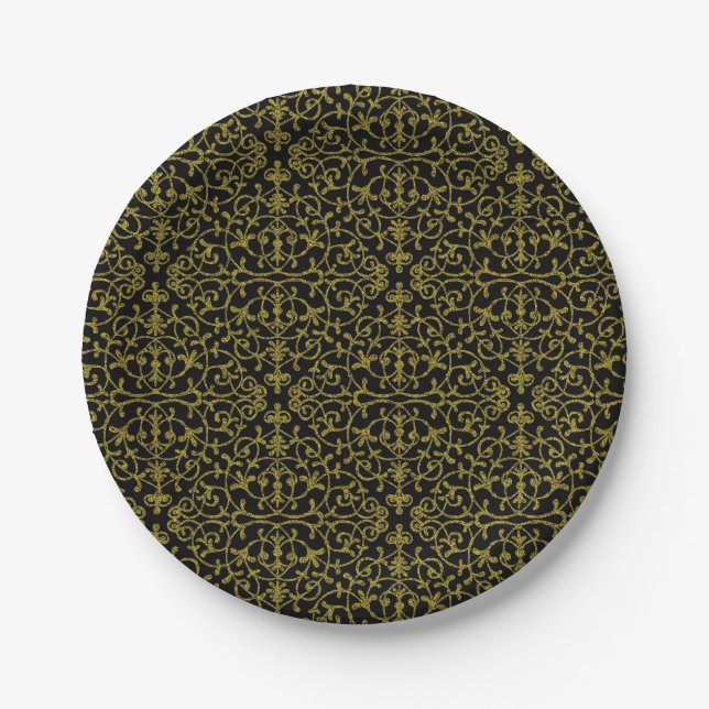Assiettes En Carton Élégant Motif noir et Gold Filigree (Devant)