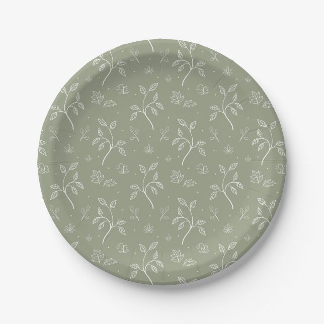 Assiettes En Carton Élégant motif végétal botanique en vert olive (Devant)