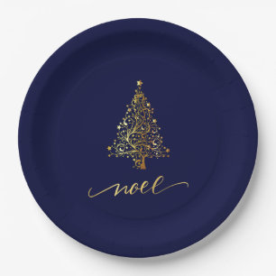 Assiettes En Carton Elégant Noel d'arbre de Noël bleu et or noir marin