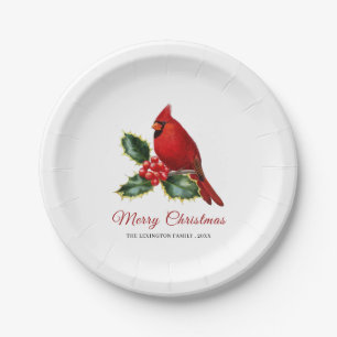 Assiettes En Carton Élégant Noël Rouge Cardinal Oiseau Holly