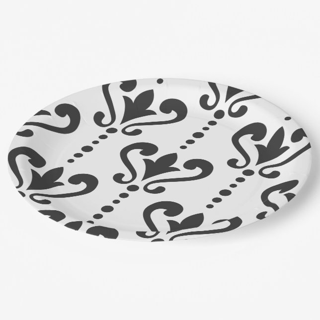 Assiettes En Carton Élégant noir et blanc Damas (Angle)