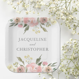 Assiettes En Carton Élégant Noir rose rose Peony Floral Printemps Mari