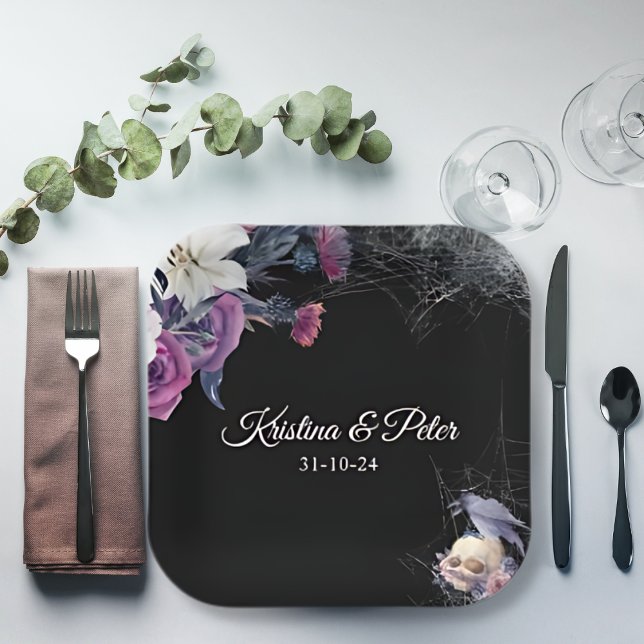 Assiettes En Carton Élégant noir violet gothique Mariage crâne floral (Créateur téléchargé)