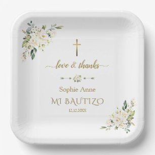 Assiettes En Carton Elégant or Aquarelle Fleurs blanches Baptême