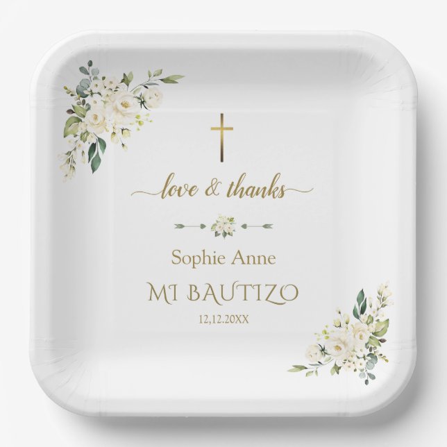 Assiettes En Carton Elégant or Aquarelle Fleurs blanches Baptême (Recto)