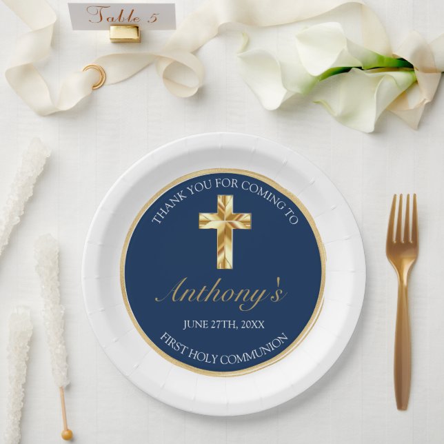 Assiettes En Carton Elégant Or Bleu Première Sainte Communion Merci (Mariage)