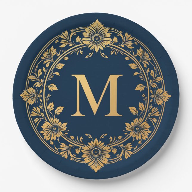 Assiettes En Carton Elégant Or Floral Monogramme Design (Devant)