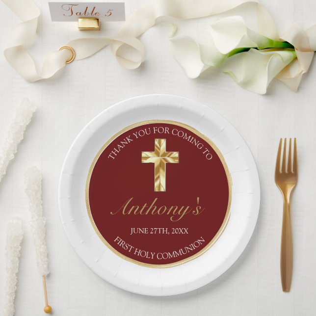 Assiettes En Carton Elégant or premier saint Merci Communion (Mariage)