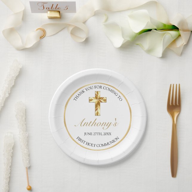 Assiettes En Carton Elégant or premier saint Merci Communion (Mariage)