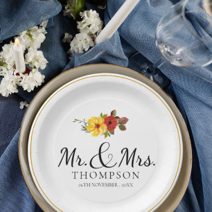 Assiettes En Carton Elégant Orange Floral M. Mme Wedding Party