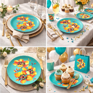 Assiettes En Carton Elégant Orange Flowers - Aqua- Customisez votre pr