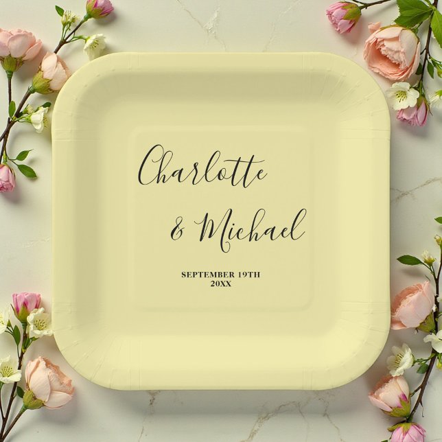 Assiettes En Carton Elegant Pale Yellow Script Minimalist Wedding (Créateur téléchargé)