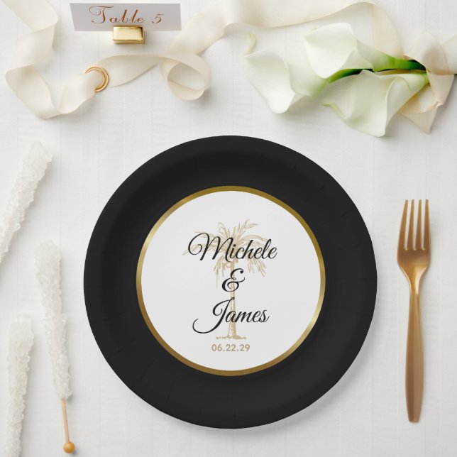 Assiettes En Carton Élégant Palmier d'or noir Mariage moderne (Mariage)