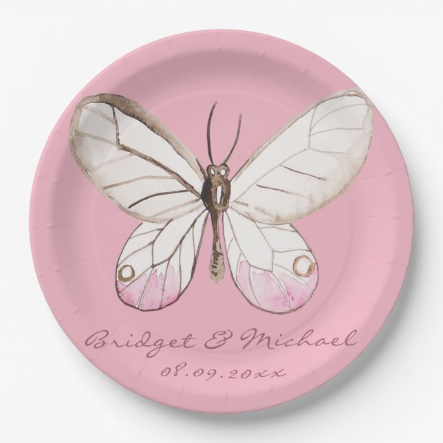 Assiettes En Carton Élégant Papillon rose Mariage personnalisé (Devant)