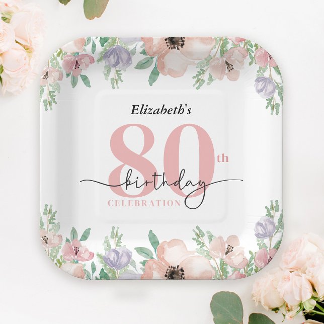 Assiettes En Carton Elegant Pastel Floral 80th Birthday Party (Créateur téléchargé)