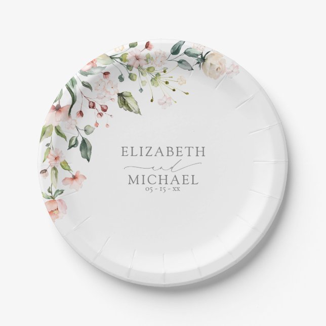 Assiettes En Carton Elégant Peach Rose Aquarelle Mariage Floral (Devant)