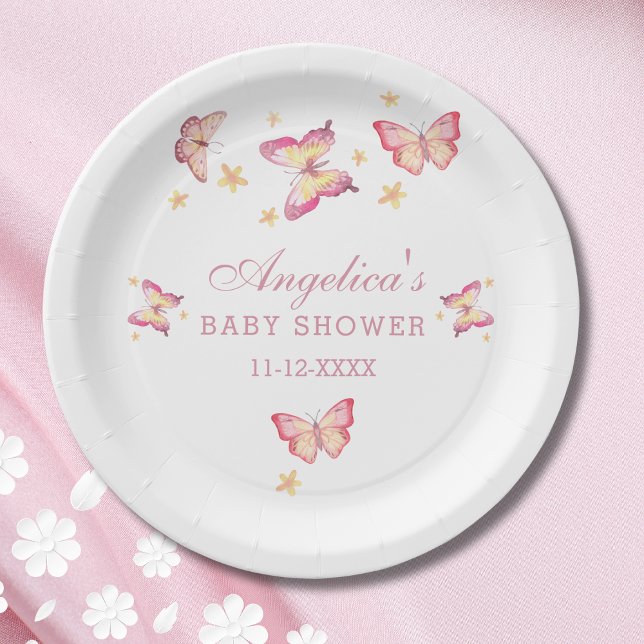Assiettes En Carton Elégant Peach rose papillon bébé fille Douche (Créateur téléchargé)