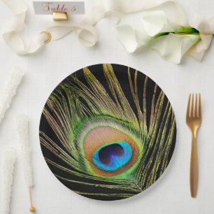 Assiettes En Carton Elégant Peacock Feather Noir