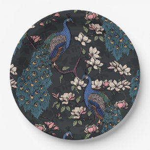 Assiettes En Carton Elégant Peacocks & Fleurs Magnolia Noir