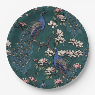 Assiettes En Carton Elégant Peacocks & Fleurs Magnolia Vert