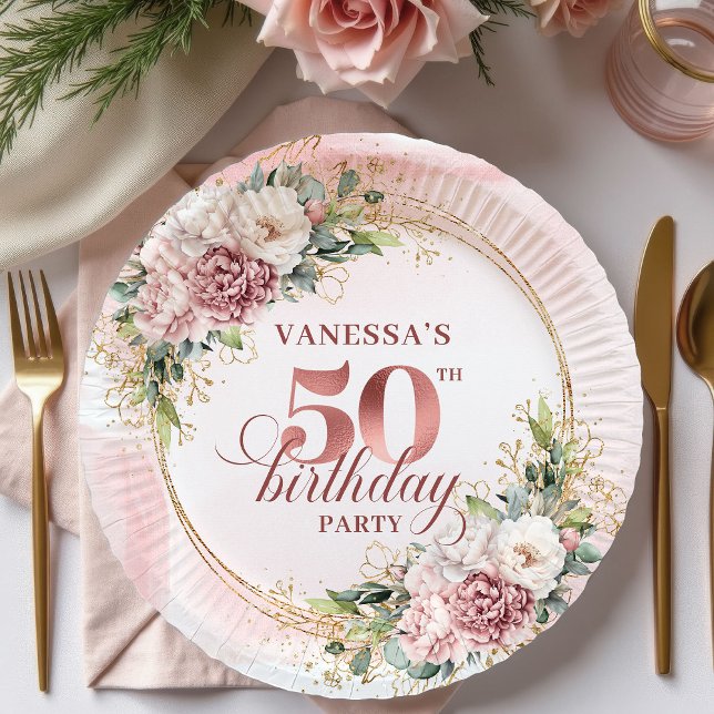 Assiettes En Carton Elegant Peony Greenery Rose Gold 50th Birthday  (Elegant Peony Greenery Rose Gold 50th Birthday Plates)