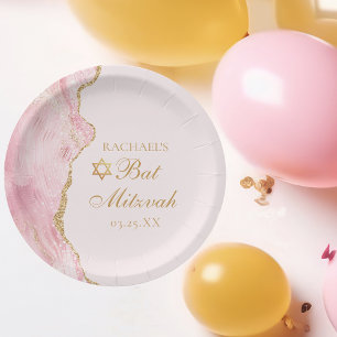 Assiettes En Carton Élégant Pink Gold Agate Bat mitzvah Party